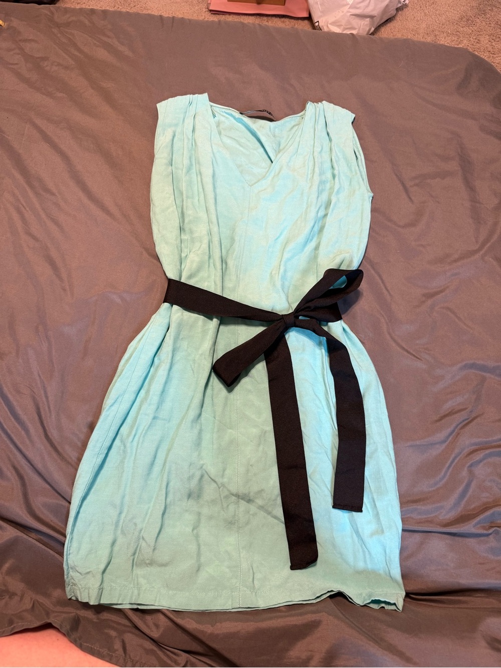 Zara Mint Green V-Neck Mini Dress with Black Waist Tie